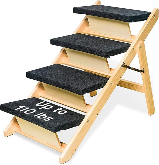 BRIKY 2-in-1 Dog Stairs/Ramp with 4 Steps, Foldable Dog Stairs for High Beds Cars Couch, Durable Wooden Pet Stairs for Small Medium Large Dogs, No Assembly Required