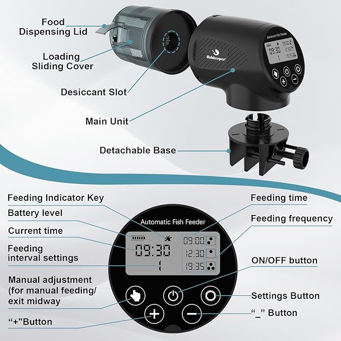 fishkeeper Automatic Fish Feeder for Aquarium - Moisture-Proof and Precision Feeding Auto Fish Food Dispenser with LCD Display Adjustable Betta Vacation Feeder with 2 AA Batteries (200ml)