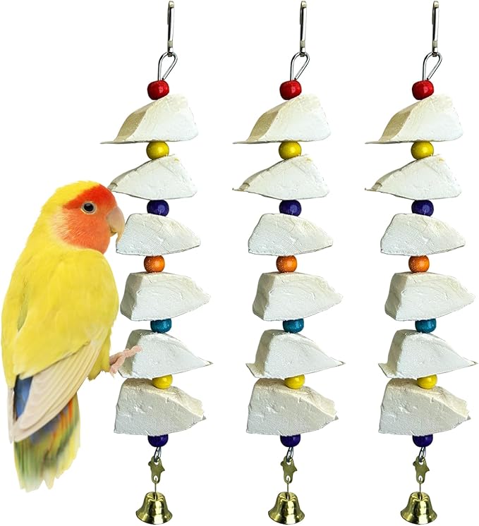 3 Pack Bird Chewing Toy Cuttlebone Parrot Toy with Bell Hanging Bird Beak Grinding Stone Parakeet Cage Accessories for Small & Medium Budgies Lovebirds Cockatiels (Block, 6 Per Skewer)