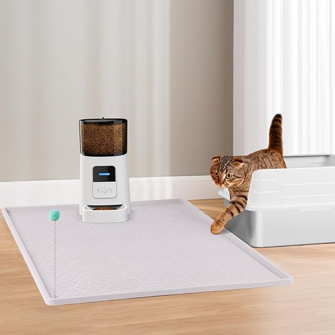 Large Cat Litter Mat with Toy Ball, 38'' x 25'' Silicone Cat Litter Trapping Mat for Scatter Control, Soft on Kitty Paws, Easy to Clean (White)