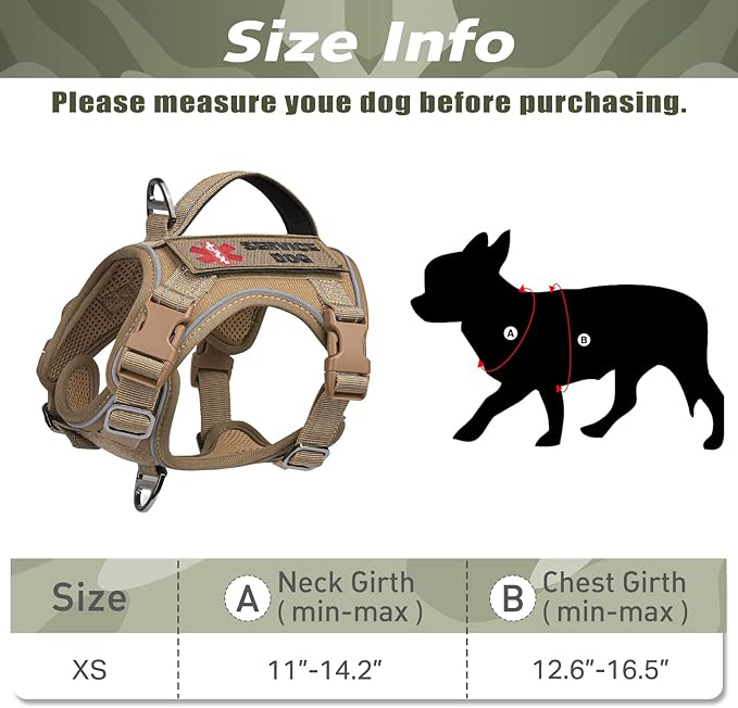 Tactical Dog Harness for Small Puppy, No Pull Military Service Dog Vest with Vertical Handle, Reflective Puppy Vest Harness for Outdoor Training (Khaki, XS)