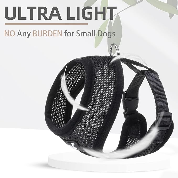 PUPTECK Soft Mesh Dog Harness and Leash Set Pet Puppy Cat Comfort Padded Vest No Pull Harnesses, Solid Black, XS