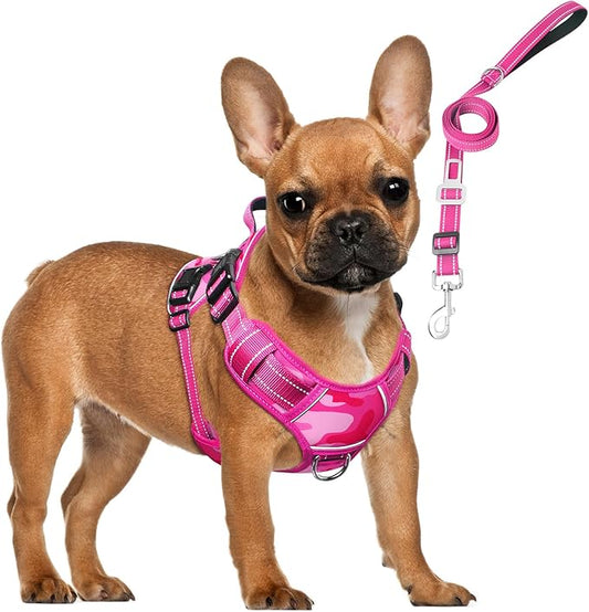 Tactical Dog Harness and Leash Set Small Sized Dog,Heavy Duty No Pull Service Dog Vest and 10 Patches with Dog Seat Belt,Reflective Pet Harness for Training Walking Hiking Camo Pink S