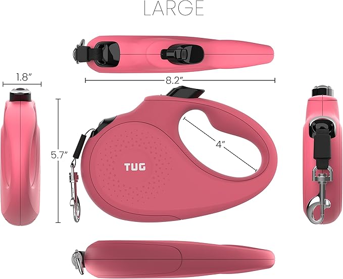 TUG Monochrome 360° Tangle-Free Retractable Dog Leash | 16 ft Strong Nylon Tape (Large, Pink)
