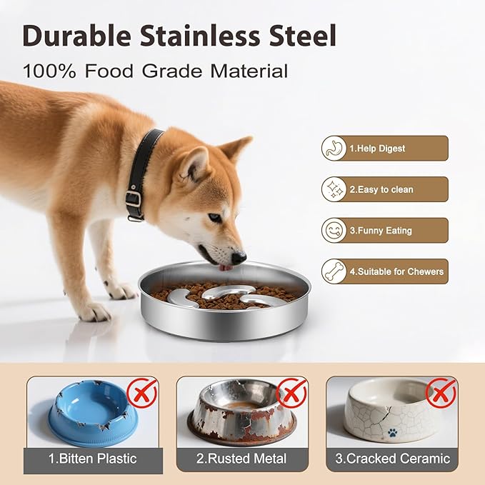 Slow Feeder Dog Bowl Stainless Steel, Heavy Duty with Non-Slip Base Dog Food Bowls for Small Medium Large Breed Size Dogs to Slow Down Eating