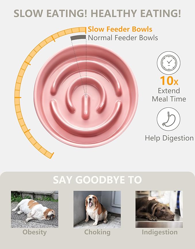 Ceramic Slow Feeder Dog Bowls, 0.6 Cup Slow Feeder for Small Dogs and Cats, Puzzle Maze Bowl, Prevents Choking, 6in, Pink