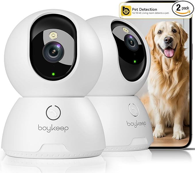 BoyKeep 2K Cameras for Home Security, 2-Pack Indoor Camera with Night Vision, Pet Camera Indoor with Phone App, Motion Detection, 2-Way Audio, Cloud/SD Card Storage, Compatible with Alexa