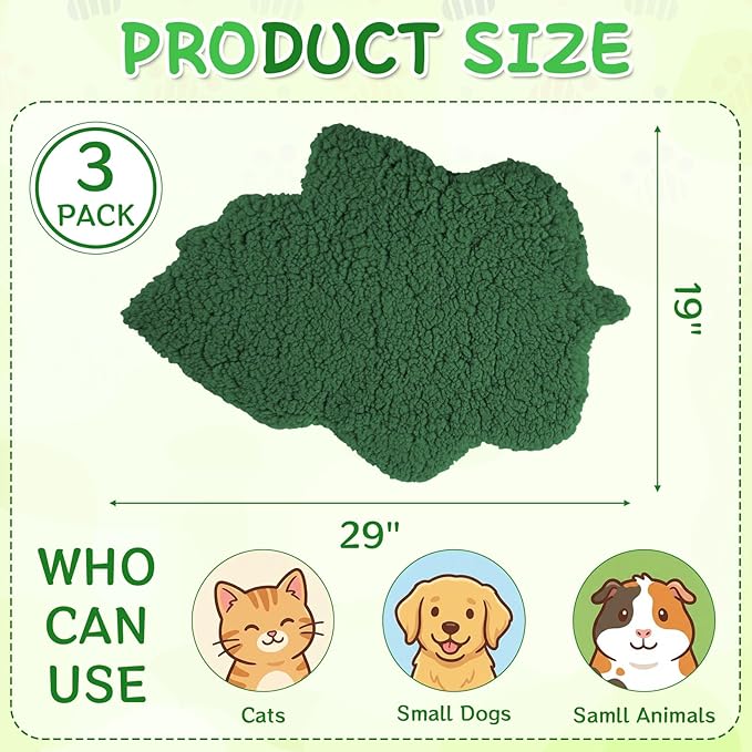 3 Pack Self Warming Cat Dog Bed Leaf Shape Self Heating Pet Mat Non Electric Washable Thermal Sleeping Pad Plush Heated Pet Mat for Crate Floor Indoor Outdoor(Dark Green,Large-19 x29)