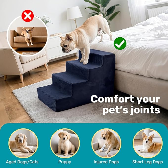 Dog Stairs for Bed, Extra Wide 4-Step Dog Steps for High Bed, High-Density Foam Pet Stairs with Non-Slip Removable Washable Cover for Small Pets, 18" H, Navy
