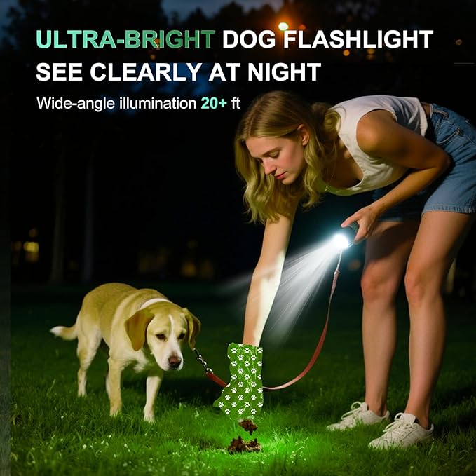 Tubasion 3-in-1 Dog Poop Bag Holder with Flashlight 7-Color, USB-C Rechargeable doggie bag holder for leash, IPX6 Waterproof Anti-Slip Clip Pet Waste Bag Dispenser for Walking (1 Dispenser, 30 Bags)