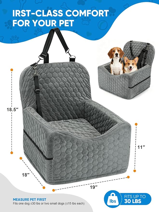 Dog Car Seat for Small/Medium Pets, Adjustable Booster Seat with Safety Leash, Washable Cover & Storage Pockets (Up to 35 lbs, Gray)