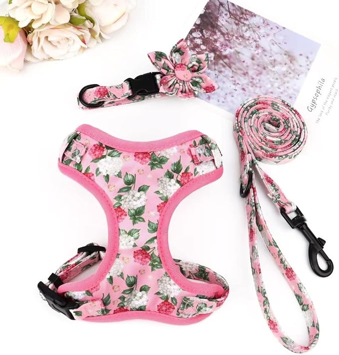 Beirui Cute Girl Dog Collars, Harnesses & Leashes Set - Adjustable Dog Collar and Leash Set with Flower - Soft Mesh Dog Vest Harness for Puppies Small & Extra Small Dogs Cats(Pink,XXS)