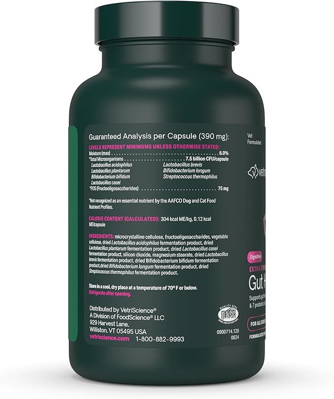 VetriScience Extra Strength Gut Health Easy-Open Capsules, Mega Probiotic and Prebiotic Digestive Supplement for Dogs and Cats, for Diarrhea and Immune Support, 7.5 Billion CFU Per Capsule, 120 Count