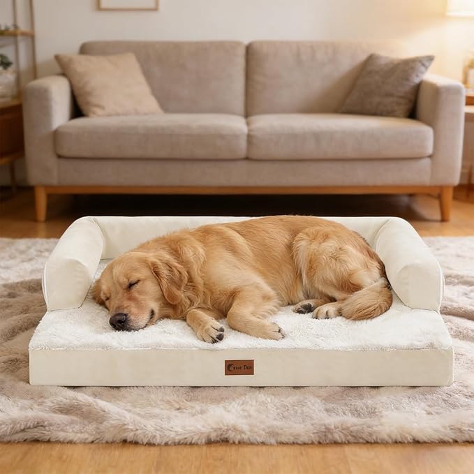 Orthopedic Dog Beds for Large Sized Dogs, Waterproof Egg Crate Foam Medium Dog Couch Beds for Crate 35x22Inch, Washable Pet Beds with Removable Cover and Nonskid Bottom, Beige