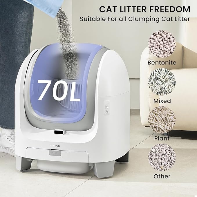PET MARVEL C1 Self-Cleaning Cat Litter Box, Large 70L Automatic Litter Box for Multiple Cats up to 22 lbs, Smart App Control with Health Monitoring, 4-Layer Safety System, Open-Top Design