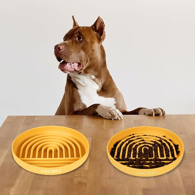 Slow Feeder Dog Bowls with Suction Cups, Silicone Puzzle Bowl for Slow Eating, Pets Slow Feeder Non-Slip Design Dishwasher Microwave Safe for Small Medium Dogs, Yellow