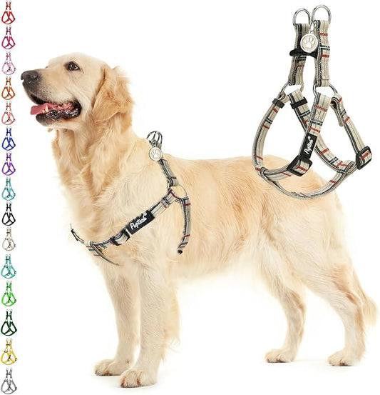 PUPTECK No Pull Dog Harness Soft Adjustable Basic Nylon Step in Puppy Vest Outdoor Walking with ID Tag, Plaid Beige, L