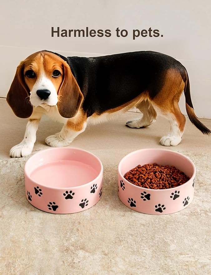 6.5 Inch Pink Ceramic Dog Bowl with Paw Print Pattern - Porcelain Wide Mouth Dog Food or Water Bowls, Large Feeding Pet Bowls for Indoor Medium Sized Dogs, for Wet or Dry Food