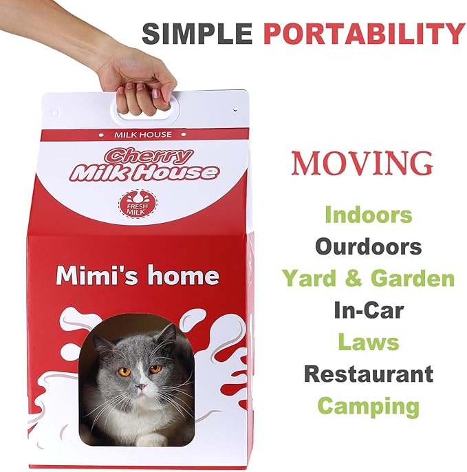 Cardboard Cat House with Scratcher – Red Cherry Milk Carton Design, 22.5''H x 13''L x 13''W, Indoor Cat Playhouse & Hideout for Cats up to 16 lbs, Portable Handle, Corrugated Scratch Pad