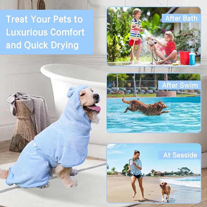 Pet Bathrobe for Dog Cat Absorbently Quick Drying Coat Cute Dogs Bath Towel Hooded Robe Adjustable Collar & Belly Strap for Pool Beach (Blue, X-Small)