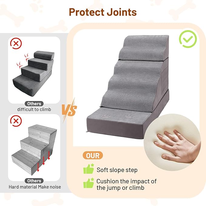 6-Step Dog Stairs – Non-Slip Pet Ramp for Bed, Couch & Car, Wide Steps for Puppies & Senior Dogs, Sturdy Grey 43.3"x19.7"