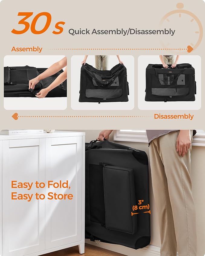 Feandrea 40 Inches Collapsible Soft Dog Crate, Portable Travel Dog Crate for Indoor and Outdoor Use, Dog Carrier Kennel with Safety Zippers, for Living Room, Car, Travelling, Camping, Black UPDC10H