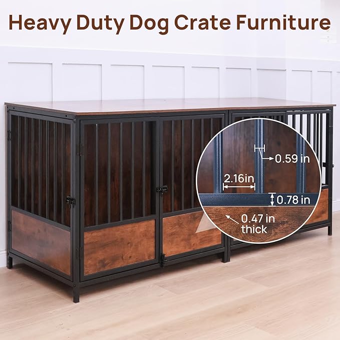 75" Wooden Dog Crate Furniture – Chew-Resistant Kennel for Medium/Large Breeds,3-Door Indoor Kennel with 3.1" Raised Feet, Multi-Functional TV Stand & End Table (Brown, 75 * 26.3 * 32.1 inch)
