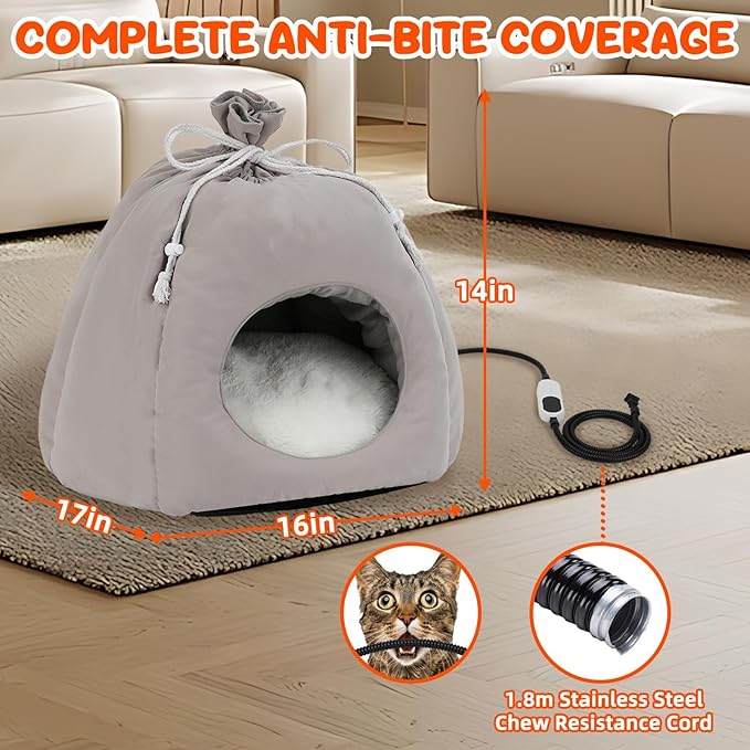 BWOGUE Indoor Heated Cat Bed, 2 in 1 Heated Cat Cave Bed with Temp Adjustable and Timer, Warming Cat Bed Thermo-Pet Nest for Indoor Cats Old Cats 16.9"×16.9"×16.1" (Gray)