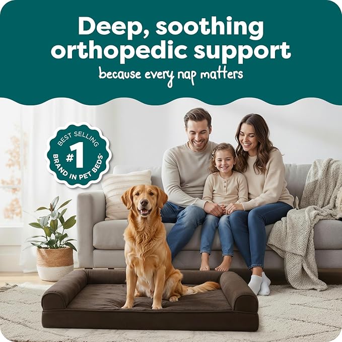 Furhaven Orthopedic Dog Bed for Large Dogs w/ Removable Bolsters & Washable Cover, For Dogs Up to 95 lbs - Plush & Suede Sofa - Espresso, Jumbo/XL