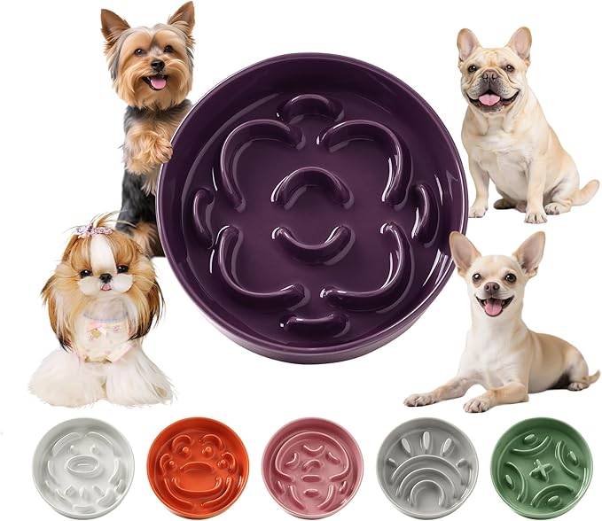 Ceramic Dog Slow Feeder Bowl - Small Dog Food Dish with Maze Puzzle Design - Slow Eating Puzzle Feeder for Pet Feed & Food Control - Whisker-Friendly Bowl for Cat Feeding - 6.3 Inch - 180 g - Purple