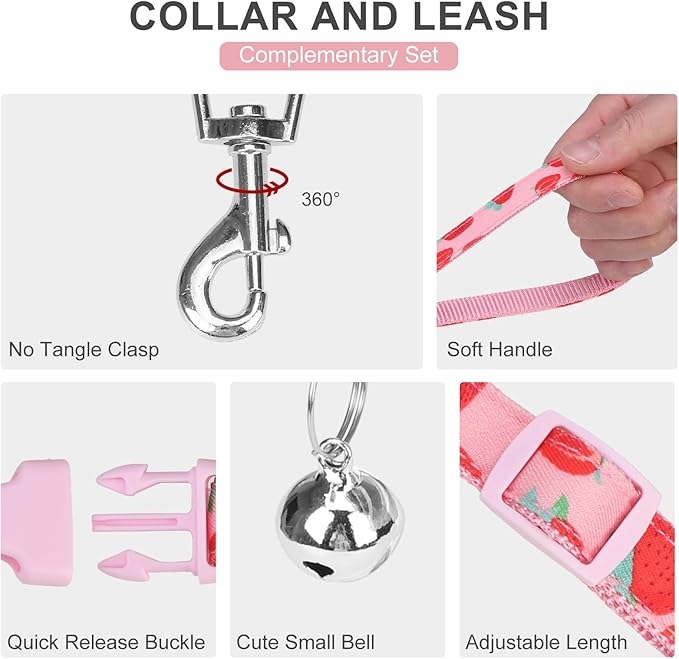 EXPAWLORER Small Dog Harness and Leash Set - Cute Puppy Harness Leash Dog Collar with AirTag Holder Silicone Case, Soft Padded Step in Pet Vest Reflective for Outdoor Walking, Strawberry M