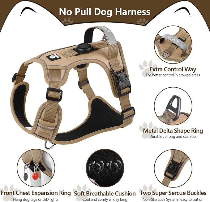 Dog Harness No Pull with Airtag Holder, Reflective Adjustable Vest with Handle for Large Dogs, Escape-Proof and No Choke, Ideal for Training, Walking & Hiking (Khaki, L)