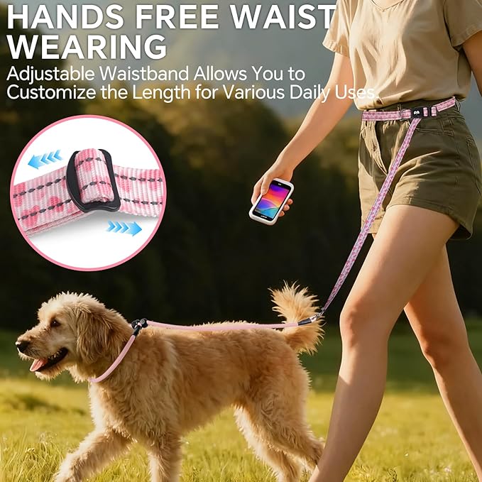 QQPETS Adjustable Slip Lead Dog Leash, Hands Free Waist Leash for Dog Walking, Reflective Training Lead with 360° Swivel Anti-Tangle, 4-7 ft Length for All Breeds