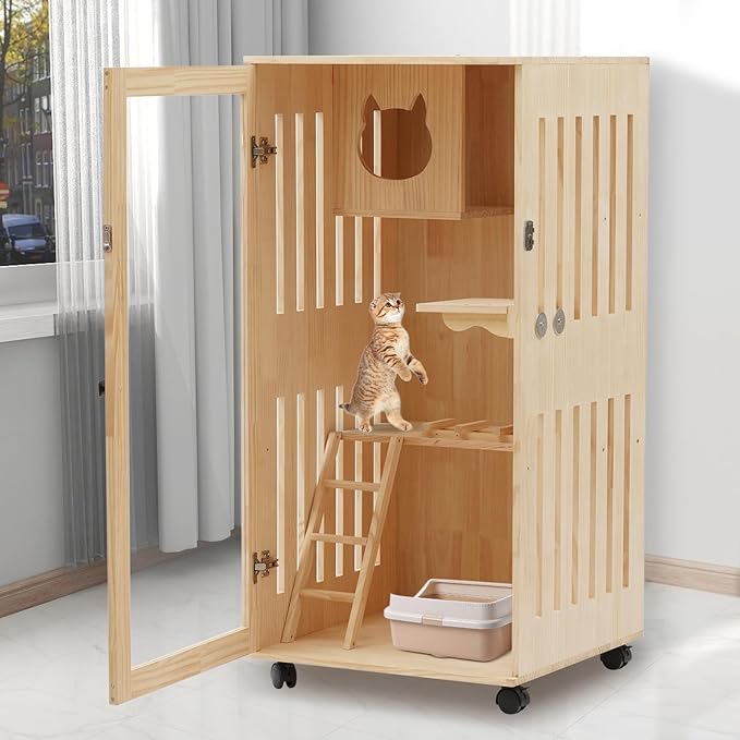 Large Wooden Cat House, Luxury Multi-Feature Cat Condo with Cat Scratching Posts, Oversized Indoor Villa Enclosed Design with Wheels and Ventilation Doors