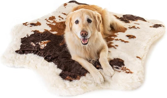 PupRug Orthopedic Dog Bed for Large Dogs with Fluffy Soft Faux Fur and Memory Foam for Joint Pain Relief, Machine Washable and Waterproof Couch Bed, Brown and White, Large/Extra Large