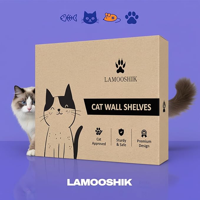 Cat Wall Shelves, Black Finish – Floating Cat Furniture with Curved Bed & Steps | Modern Minimalist Wood Climbing Shelves Set of 4 for Indoor Cats, Sturdy Wall-Mounted Design