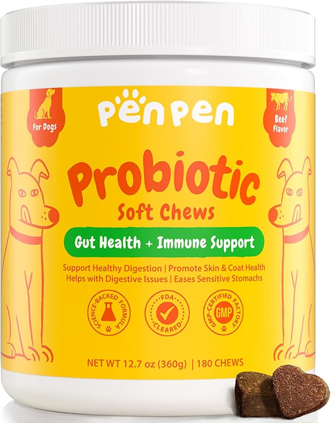 PENPEN Probiotics for Dogs, Dogs Probiotics for Digestive Health, Multi-Probiotic and Enzyme Blend Promote Gut Health & Immune Support, Eases Sensitive Stomachs - Beef Flavor, 180 Soft Chews