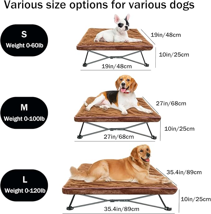 unp Elevated Cooling Dog Bed - 36 x 36 x 10 inch Foldable Pet Bed - Washable Plush Cover & Carrying Bag Breathable Dog Camping Chair (Brown, L)