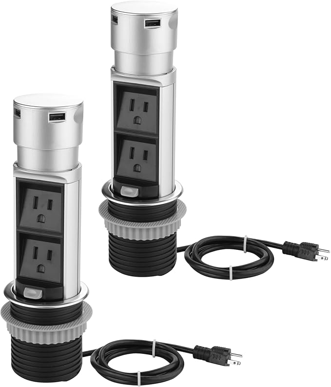 Link2Home 2 Pack Space Saver Pop Up Outlet Station with USB, 2 Power Outlets 15A, 2 USB Ports 2.4A Fast Charge Splash Resistant, Stainless-Steel Finish, for Kitchen Island, Office Table and Workshop