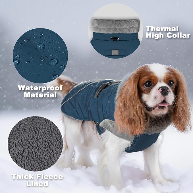 KYEESE Waterproof Dog Coat, Windproof Warm Winter Jacket with Thick Fleece Lined, Cozy Turtleneck Dog Coats for Large Dogs with Leash Hole, Reflective Outdoor Cold Weather Coat, Navy Blue, XXX-Large