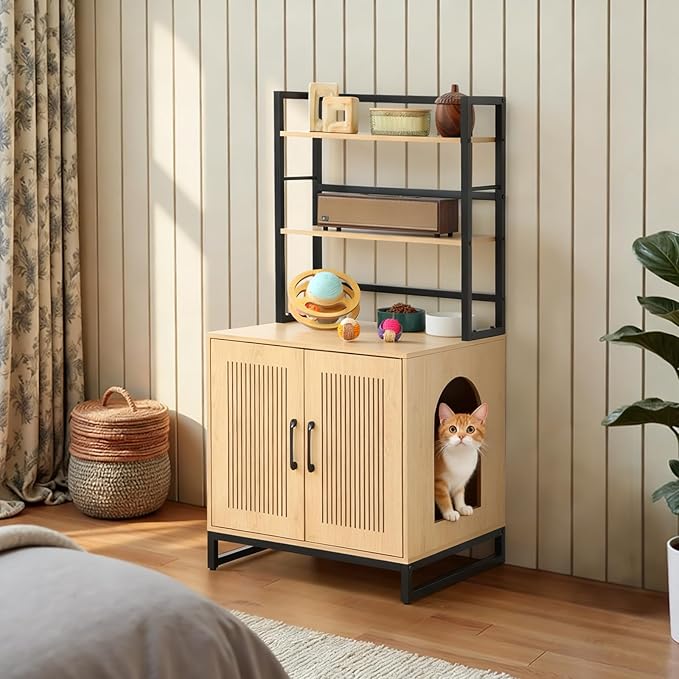 Cat Litter Box Enclosure with 2 Storage Shelves, 2-in-1 Large Hidden Wooden Pet House Furniture with Scratching Mat/Feeding Station/House Condo, Cat Cabinet with Barn Door for Entrance (Shelves)