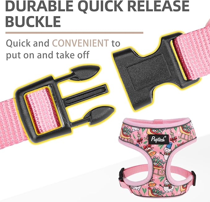 PUPTECK Soft Mesh Christmas Dog Harness and Leash Set Pet Puppy Cat Comfort Padded Vest No Pull Harnesses, Bright Pink, M