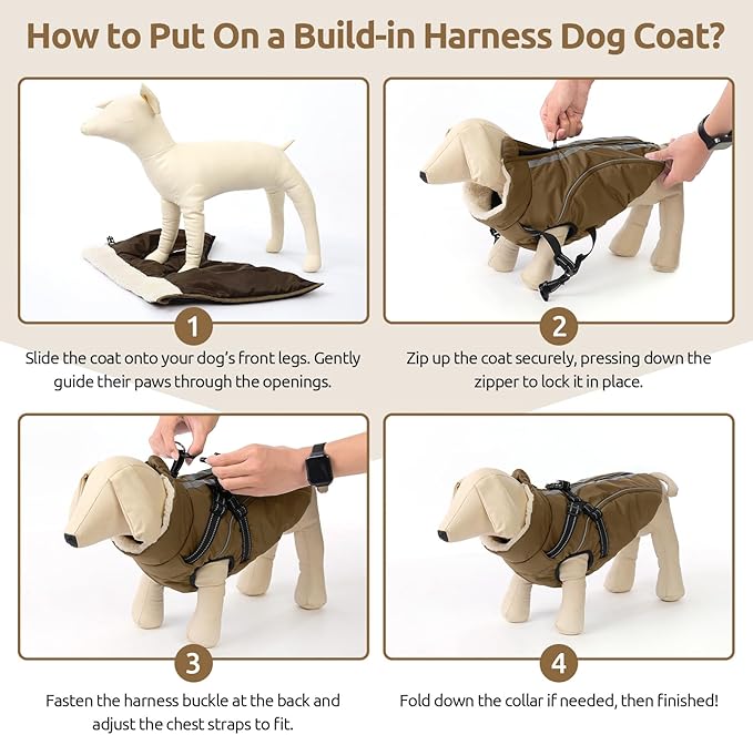 Dog Winter Coat with Harness Built in Warm Puffer Dog Jackets for Small Medium Large Dogs Windproof Waterproof Outfit with Plush Lining and Reflective Stripes (Brown, S)