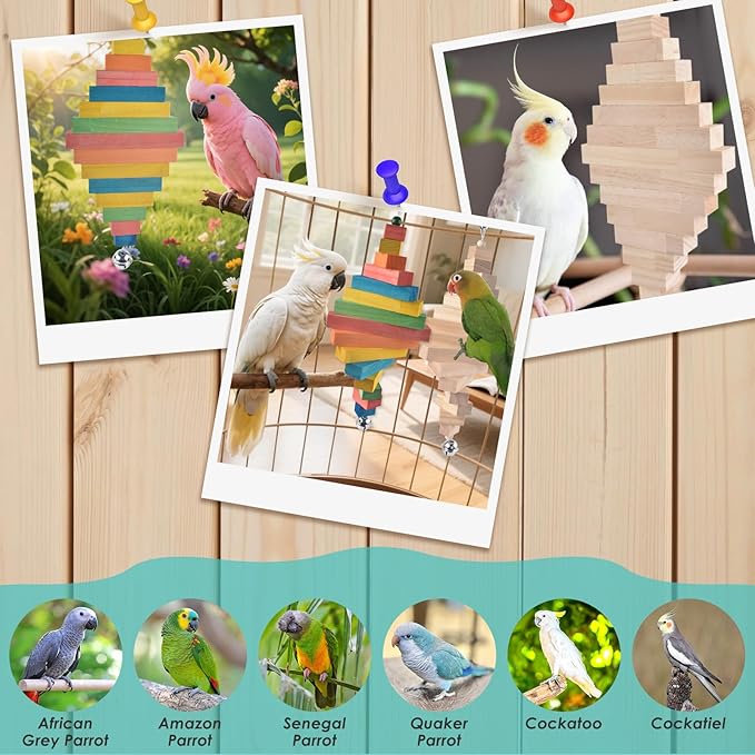 2 Pcs Large Bird Toys, Colorful Natural Wood Block Parrot Chew Sticks Toy with Bell for Amazon, African Greys, Eclectus Parrots, Macaws Chewing Tearing