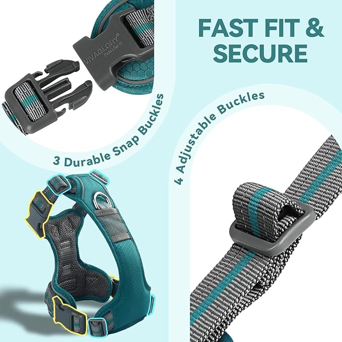 VIVAGLORY Dog Harness Easewalk No Pull Dog Harness with Handle & Front Back Clip for Training Lifting, Easy On Adjustable Padded No Pull for Pet & Puppy, S, Hunter Teal