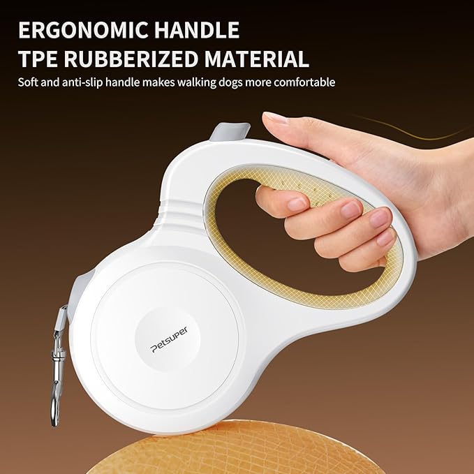16Ft Retractable Dog Leash for Small, Medium & Large Dogs with One-Hand Brake Lock, Ergonomic Comfort Grip Handle, 360° Tangle-Free Swivel and Strong Nylon Tape (White)