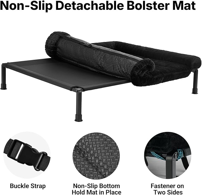 Veehoo Elevated Dog Bed Large Sized with Fluffy Plush Bolster Cushion, Washable Orthopedic Dog Couch Bed, Cooling Raised Pet Cot with Removable Mat, Breathable Mesh, No-Slip Feet, 45x 34 inches, Black