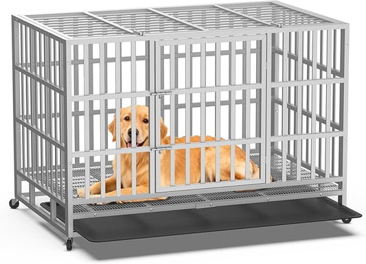 Heavy Duty Dog Crate 48 Inch, Indestructible Dog Crate with Removable Tray, Escape Proof & High Anxiety Dog Kennel Indoor, Metal Dog Cage with Wheels for Large Dogs, XL XXL XXXL