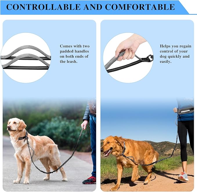 Tails & Tales Hands Free Dog Leash with Lightweight Waist Pouch for Walking Running Hiking, Adjustable Belt 25-45", Dual Padded Handles, Reflective Bungee Design for Small to Large 100lb Dogs (Gray)