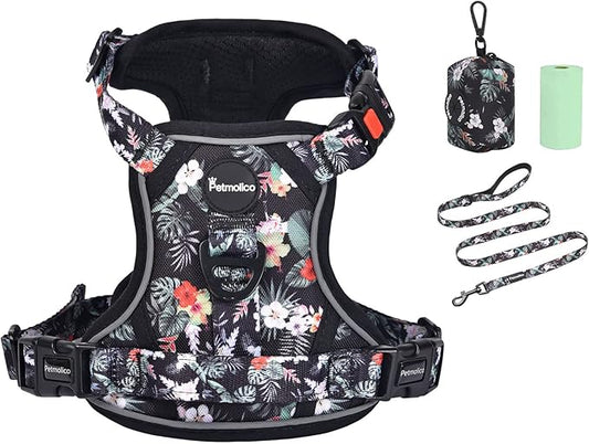 Petmolico No Pull Dog Harness Set with Leash Attachment Easy Control Handle Reflective Harness Vest Small Breed, Puppy Vest and Leash Set with Poop Bag Holder, Small - Rainforest Flower